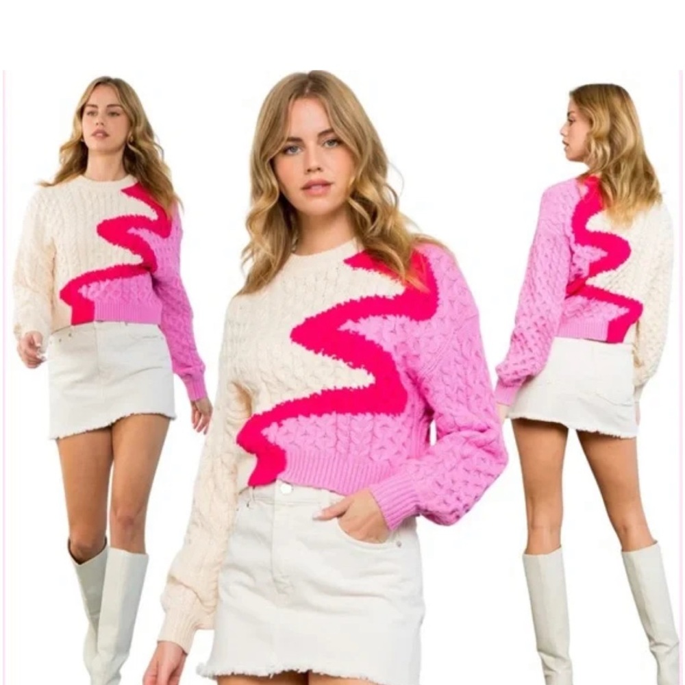 THML Vivienne Soft Knit Pink Swirl Cable Knit Crewneck Sweater Size Large